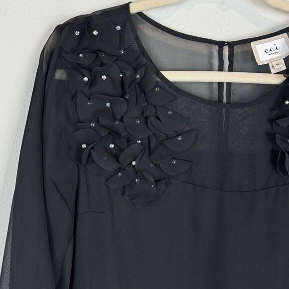 ECI NY Black Embellished Sheer Rhinestone Flower Top M - Picture 2 of 8